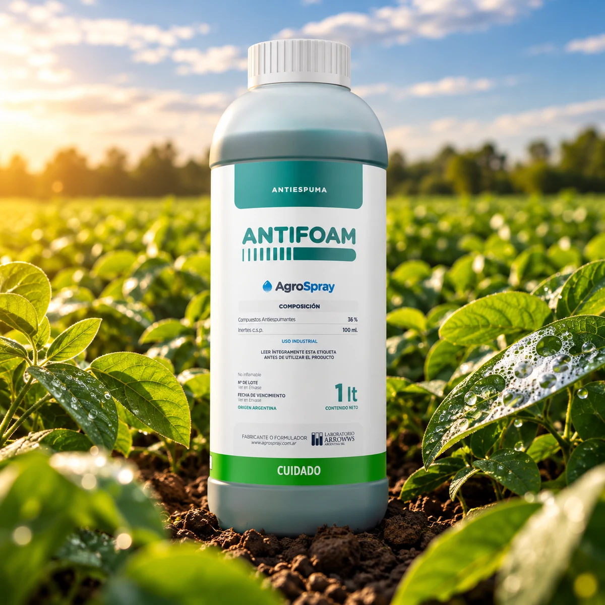 Envase de Antifoam de AgroSpray en un cultivo