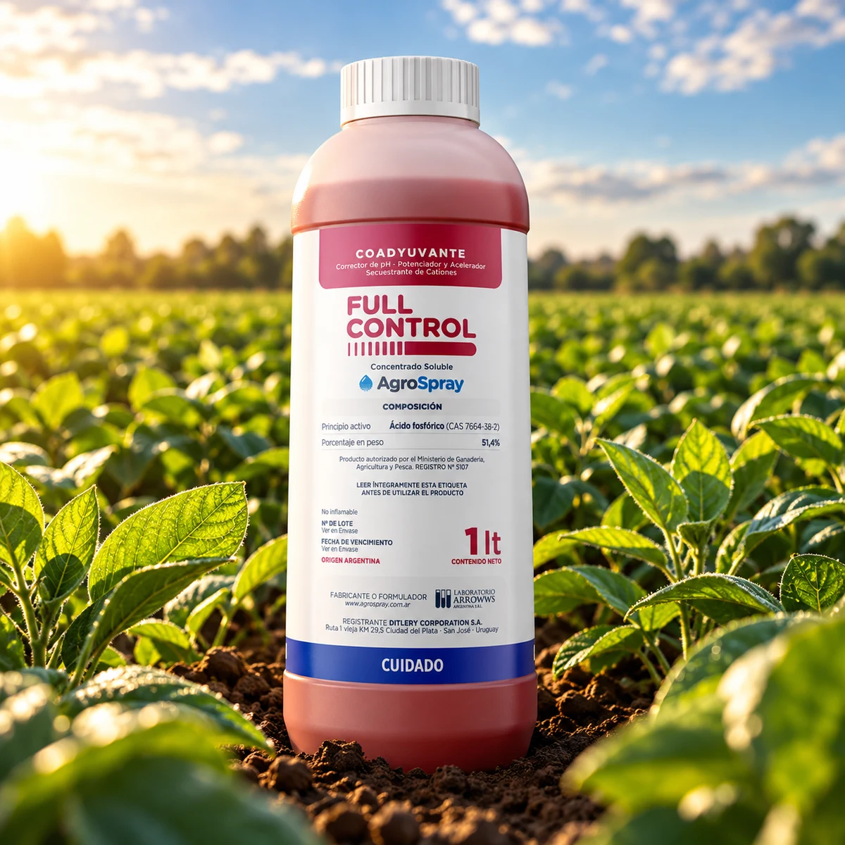 Envase de Full Control Bio de AgroSpray en un cultivo