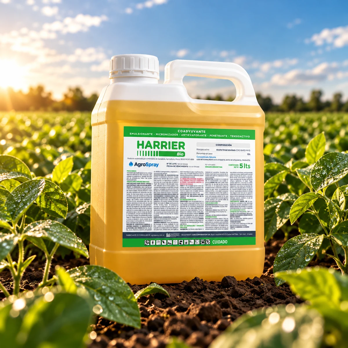 Envase de Harrier Bio de AgroSpray en un cultivo