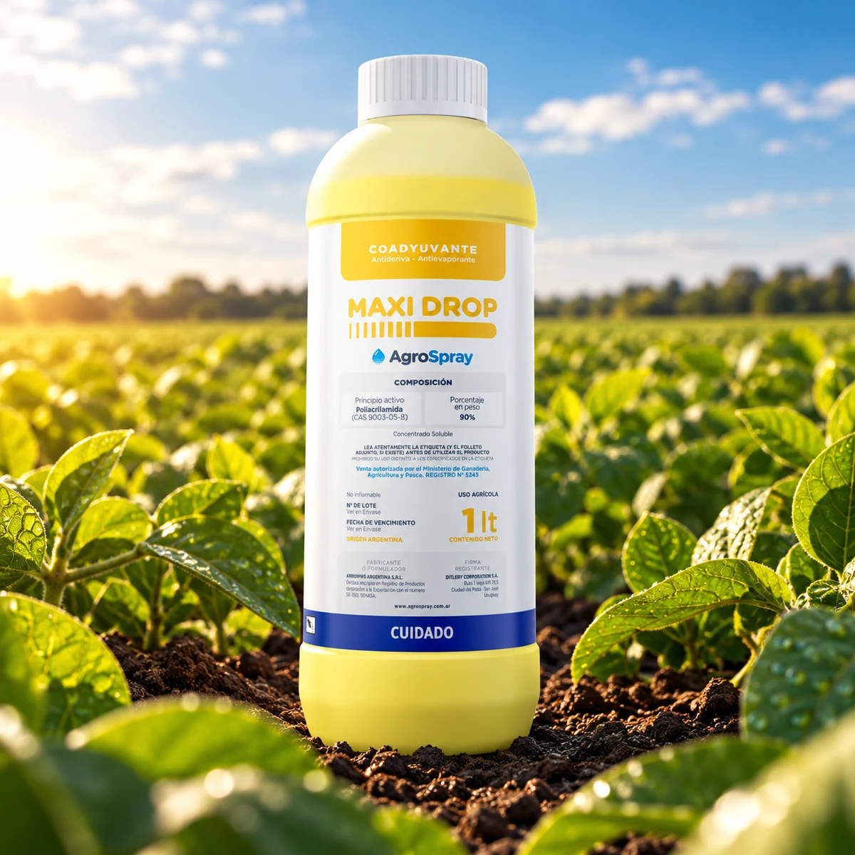 Envase de MaxiDrop Bio de AgroSpray en un cultivo